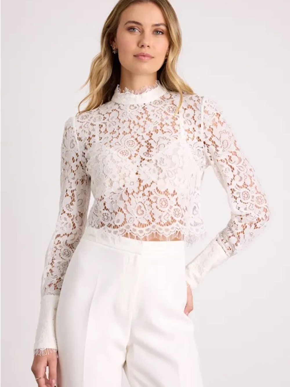 Celita Ivory Sheer Eyelash Lace Long Sleeve Crop Top